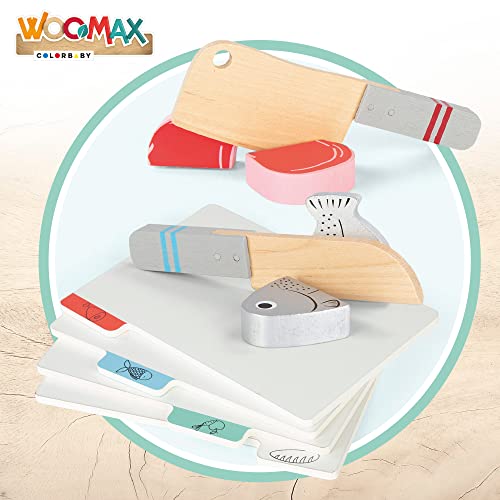 WOOMAX Tabla de Cortar de Madera para Niños, Cuchillos de Juguete, Comida, Juguetes de Hogar, 13 Piezas, +2 Años, 49329