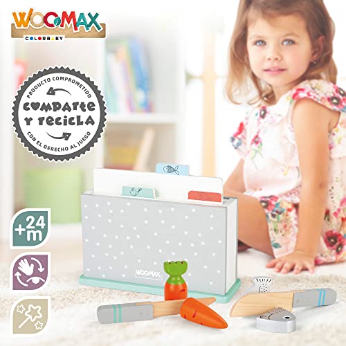 WOOMAX Tabla de Cortar de Madera para Niños, Cuchillos de Juguete, Comida, Juguetes de Hogar, 13 Piezas, +2 Años, 49329