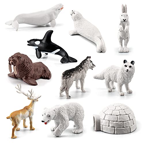 Wpond Figuras de animales, modelo de animales árticos de 10 piezas, incluye conejos árticos, zorros árticos, focos, hombros, ositos de peluche y un juguete educativo precoz