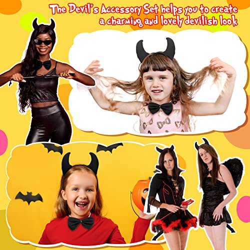 Xinnun 3 Accesorios de Diablo de Carnaval Incluye Diadema de Diablo de Cuernos Cola de Demonio y Pajarita Disfraces de Demonio para Mujer Hombre Niños Fiesta Halloween Decoración Cosplay (Negro)