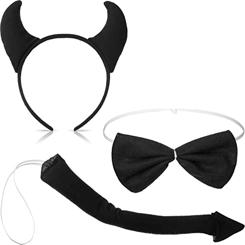 Xinnun 3 Accesorios de Diablo de Carnaval Incluye Diadema de Diablo de Cuernos Cola de Demonio y Pajarita Disfraces de Demonio para Mujer Hombre Niños Fiesta Halloween Decoración Cosplay (Negro)