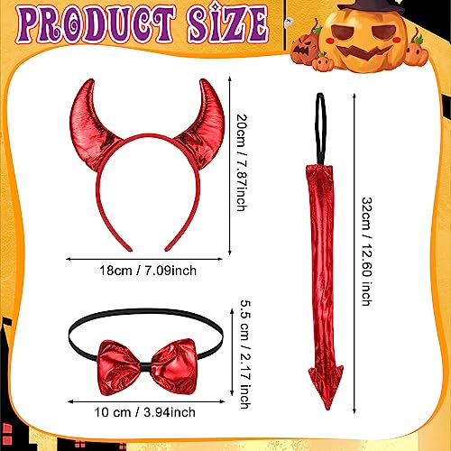 Xinnun Set de 3 Accesorios de Disfraz de Demonio, Diadema de Halloween de Cuernos de Diablo Cola de Demonio Pajarita de Diablo para Chica Mujer Fiesta de Carnaval Cosplay Día Mundial del Libro