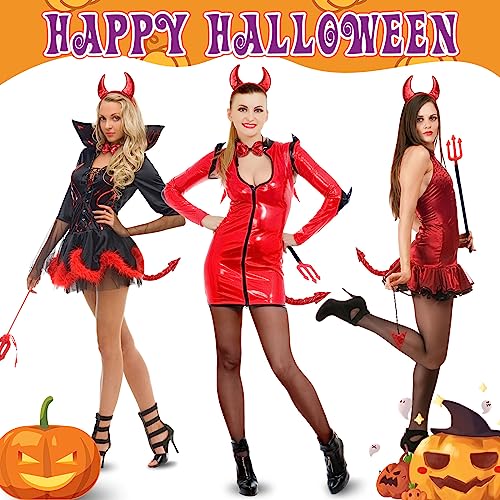 Xinnun Set de 3 Accesorios de Disfraz de Demonio, Diadema de Halloween de Cuernos de Diablo Cola de Demonio Pajarita de Diablo para Chica Mujer Fiesta de Carnaval Cosplay Día Mundial del Libro