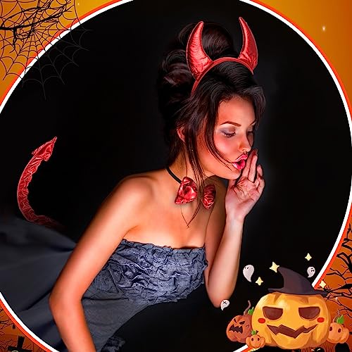 Xinnun Set de 3 Accesorios de Disfraz de Demonio, Diadema de Halloween de Cuernos de Diablo Cola de Demonio Pajarita de Diablo para Chica Mujer Fiesta de Carnaval Cosplay Día Mundial del Libro