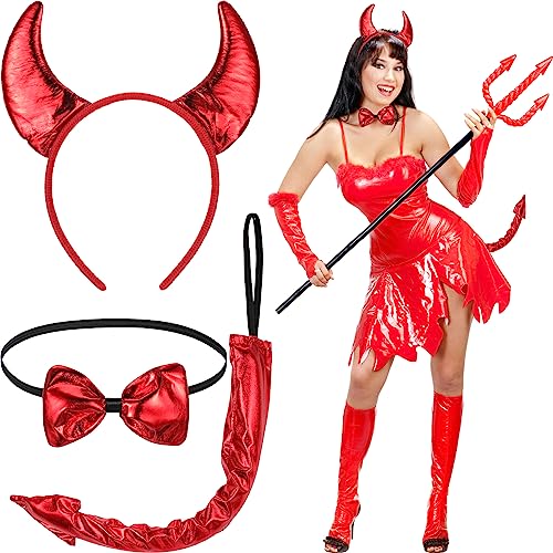 Xinnun Set de 3 Accesorios de Disfraz de Demonio, Diadema de Halloween de Cuernos de Diablo Cola de Demonio Pajarita de Diablo para Chica Mujer Fiesta de Carnaval Cosplay Día Mundial del Libro