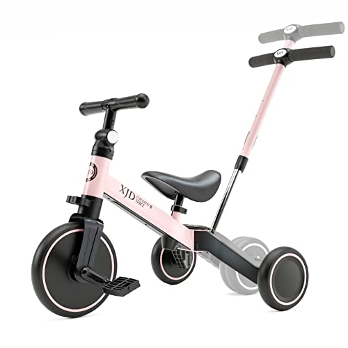 XJD 3 en 1 Triciclo para Niños de 10 a 36 Meses Bicicletas sin pedales para Bebés con Ajustable Asiento Manillar y Desmontables Pedales 1 Año Regalo de cumpleaños (4 en 1 con manillar de empuje, Rosa)