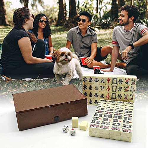 Yajimsa Minimahjong,Mahjong Color Beige - Tamaño del Viajero Majiang con Reserva Almacenamiento Mahjong Tiles, Dados, Majong Travel Games Party Supplies