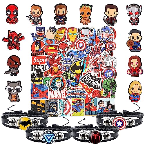 YISKY Super heroes Regalos de Cumpleaños, 66 piezas Superhéroe Favores de Fiesta para Niños, Pegatinas Vengadores, Superhero Encantos de Zapatos, Pulsera De Marvel, para fiestas de carnaval