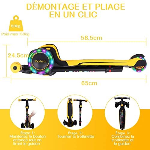 YOLEO Patinete de 3 ruedas LED para niños, patinete infantil plegable de 3 a 12 años, altura ajustable en 4 niveles para niñas y niños, carga máxima 50 kg, juguete ideal