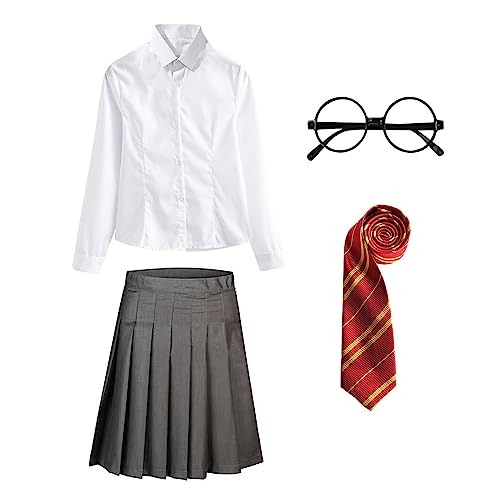 YOSICIL Disfraz de Niñas Adultas Disfraz de Mago Escolar Corbata Gryffindor Gafas Redondas Camisa de Manga Larga con Falda Cosplay Traje de Fiesta Uniforme Set Regalo Carnaval Navidad