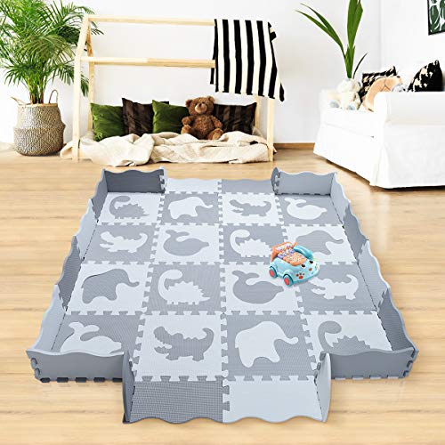 Yostrong® EVA Espuma Alfombra Puzzle Suelo Bebe Acolchada | Alfombra Gateo Bebe | Manta Gimnasio Juegos Bebes. 16 Piezas Animales Puzzles con Bordes Ondulado. Blanco, Gris Claro. YP-52(AL) b16F20