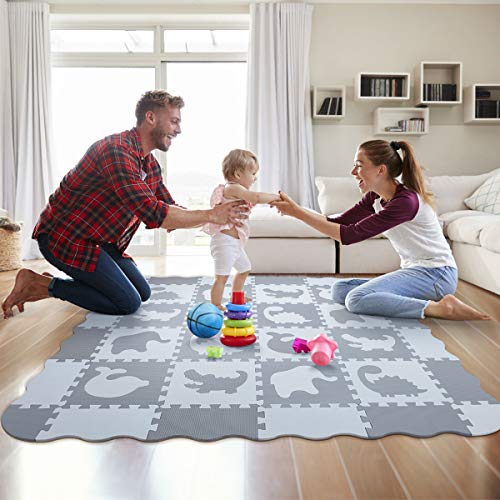 Yostrong® EVA Espuma Alfombra Puzzle Suelo Bebe Acolchada | Alfombra Gateo Bebe | Manta Gimnasio Juegos Bebes. 16 Piezas Animales Puzzles con Bordes Ondulado. Blanco, Gris Claro. YP-52(AL) b16F20