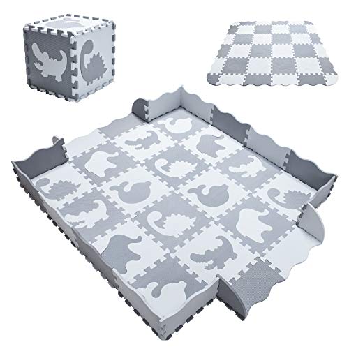 Yostrong® EVA Espuma Alfombra Puzzle Suelo Bebe Acolchada | Alfombra Gateo Bebe | Manta Gimnasio Juegos Bebes. 16 Piezas Animales Puzzles con Bordes Ondulado. Blanco, Gris Claro. YP-52(AL) b16F20