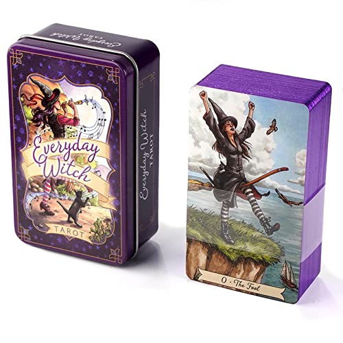 Yuechuxiao Tarot de Brujas Todos los días en Caja de Metal, Baraja de Tarot con Borde Dorado de 78 Cartas con guía para Principiantes y lectores Expertos, Juego de Adivinación