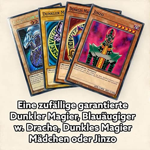 Yugioh! 50 tarjetas diferentes rares (escritura brillante) alemán + Jinzo, mago oscuro, mago oscuro para niña o niña de ojos azules w dragón + 1 Yugioh Booster aleatorio + protección de envío