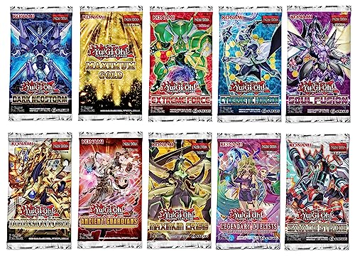 YuGiOh Card Booster Pack Bundle – 10 Random YuGiOh Booster Packs + DelTex 100+ Card Deck Box