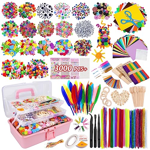 YUTUY Manualidades Niños 4 5 6 7 8 Años, 3000+ Pcs Creativo Kit Manualidades, Juego de Manualidades con Pompón,Papel de Colores,Pegatinas, Cuentas, Pluma, Juguetes Educativos Regalo para Niño Niña