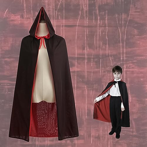 YXHZVON Capa Negra y Rojo con Capucha de Halloween, 90 cm Capa de Disfraz de Vampiro para Niño, Capas con Capucha para Carnaval Halloween Cosplay Costume