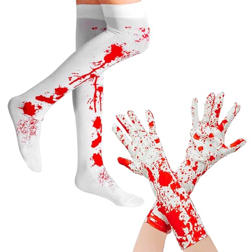 YYaaTING Juego de 2 pares de guantes sangrientos de Halloween, guantes para mujeres, niñas, Halloween, carnaval, cosplay, accesorios de disfraz, Blanco, Talla única