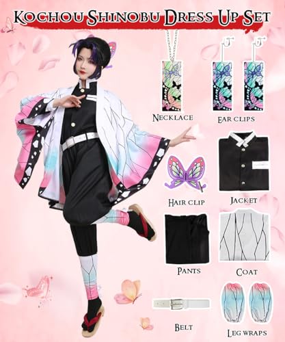 YYDSXK Cosplay Demon Slayer, Disfraz de Nezuko Tanjiro Kochou Shinobu con Collar, Conjunto de Capa Kimono, Regalo para Niños, Disfraz de Demon Slayer para Carnaval Halloween Navidad (140, Shinobu)