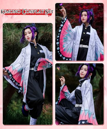 YYDSXK Cosplay Demon Slayer, Disfraz de Nezuko Tanjiro Kochou Shinobu con Collar, Conjunto de Capa Kimono, Regalo para Niños, Disfraz de Demon Slayer para Carnaval Halloween Navidad (140, Shinobu)