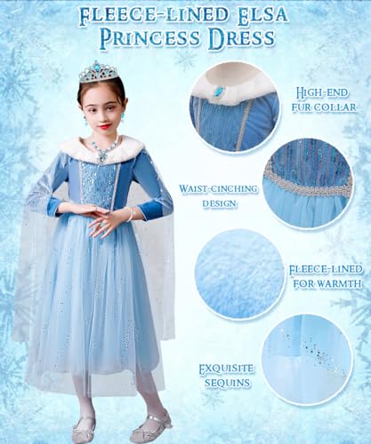 YYDSXK Disfraz Elsa Niña, Vestido de Princesa Elsa con Conjuntos de Collar de Corona Princesa, Vestido Princesa Elsa Niña, Disfraz Elsa Vestido Elegante para Carnevale Cosplay Cumpleaños (130)