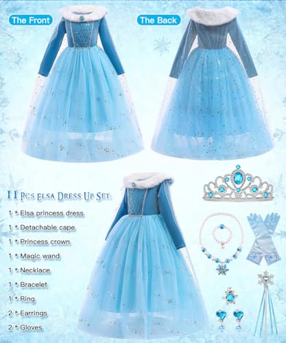 YYDSXK Disfraz Elsa Niña, Vestido de Princesa Elsa con Conjuntos de Collar de Corona Princesa, Vestido Princesa Elsa Niña, Disfraz Elsa Vestido Elegante para Carnevale Cosplay Cumpleaños (130)