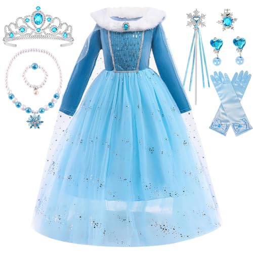 YYDSXK Disfraz Elsa Niña, Vestido de Princesa Elsa con Conjuntos de Collar de Corona Princesa, Vestido Princesa Elsa Niña, Disfraz Elsa Vestido Elegante para Carnevale Cosplay Cumpleaños (130)