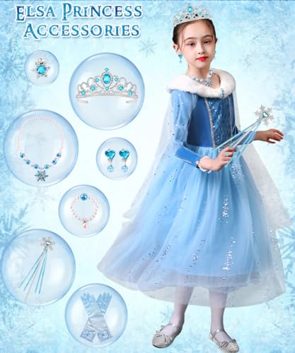 YYDSXK Disfraz Elsa Niña, Vestido de Princesa Elsa con Conjuntos de Collar de Corona Princesa, Vestido Princesa Elsa Niña, Disfraz Elsa Vestido Elegante para Carnevale Cosplay Cumpleaños (130)