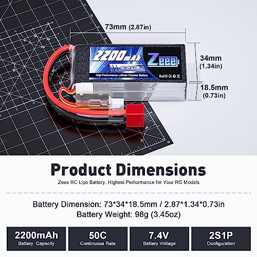 Zeee 2S Lipo Batería 50C 2200mAh 7.4V Batería Corta con Enchufe Deans T para 1/16 Slash RC Car RC Truck RC Helicóptero Avión Quadcopter Drone RC Boat Racing Models (2 Paquetes)