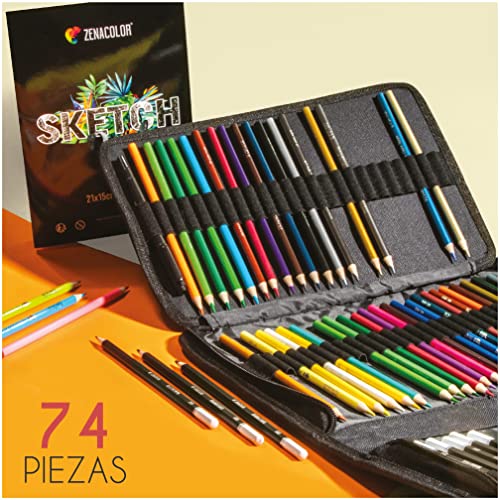 Zenacolor, Kit Dibujo, Maletín de Dibujo con 24 Lápices de Acuarela, 12 Lápices de Colores, 12 Lápices Metálicos, 12 Lápiz Papel y Un Cuaderno para Dibujar - 74 Piezas