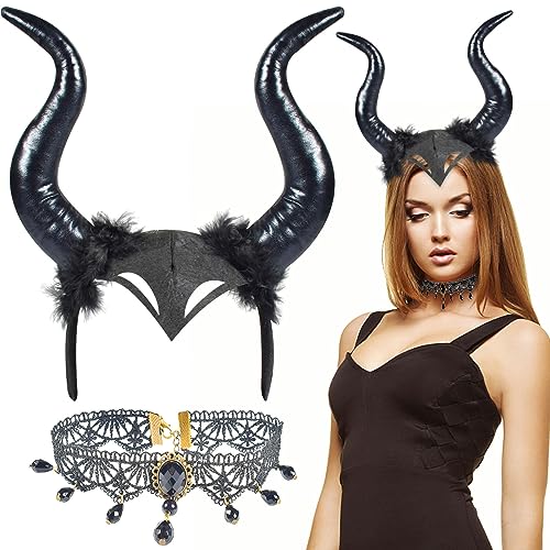 ZeYou Juego de tocado de cuernos para Halloween, disfraz de bruja malvada para mujer, accesorio de cosplay, tocado de cuerno y collar de encaje gótico, ajustable para carnaval, disfraces