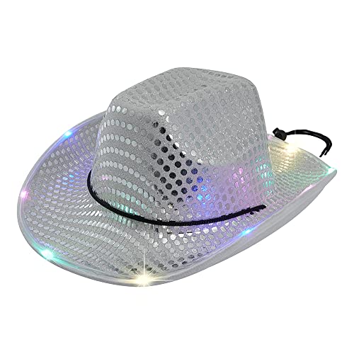 ZFVEN LED Lid Light Upcowgirl Hat Flashing Lights Luminous Sombreros Luminosos Grillo de Moda Cowboy Hat Cow Chica Cosa Fun Rodeo Sombreros de Fiesta (Silver)