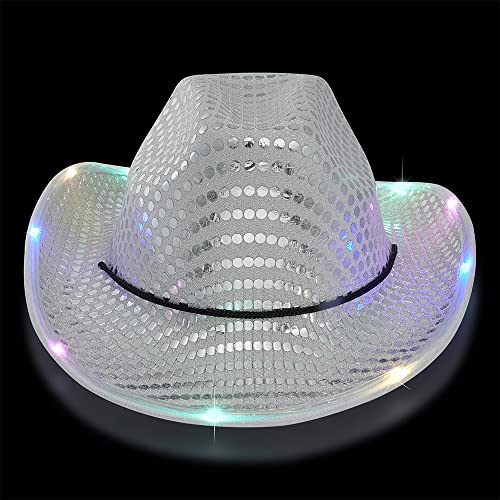 ZFVEN LED Lid Light Upcowgirl Hat Flashing Lights Luminous Sombreros Luminosos Grillo de Moda Cowboy Hat Cow Chica Cosa Fun Rodeo Sombreros de Fiesta (Silver)