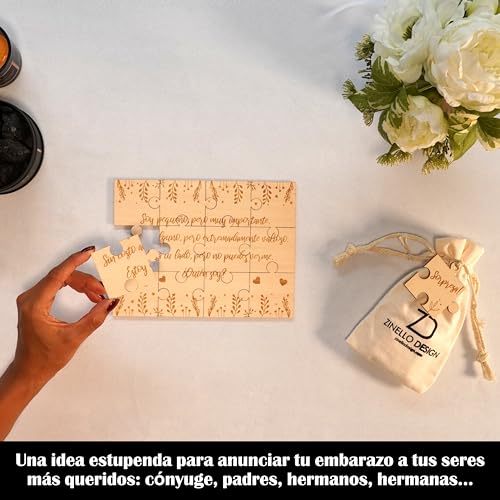 ZINELLO DESIGN - Rompecabezas de Madera Anuncio de Embarazo para Tus Seres Queridos | Idea de Regalo Original y Personalizado para Futuro Papá, Abuela, Abuelo, Madrina, Padrino | Anuncio Insólito