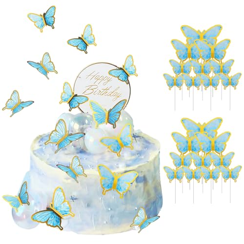 ZIOYA Mariposas Pastel 80 Piezas Toppers Adornos para Tarta Mariposas Cumpleaños para Fiestas de Cumpleaños Bodas Aniversarios (Azul)