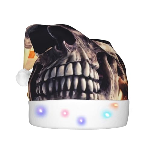 ZORIN Sombrero de Navidad con estampado de calavera de fuego con patrón de gambito divertido para adultos, sombrero de Papá Noel de felpa de Navidad, sombreros de bola de ala de felpa con luz LED para