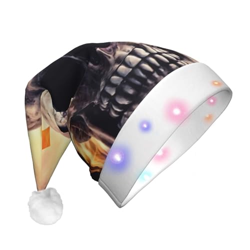 ZORIN Sombrero de Navidad con estampado de calavera de fuego con patrón de gambito divertido para adultos, sombrero de Papá Noel de felpa de Navidad, sombreros de bola de ala de felpa con luz LED para