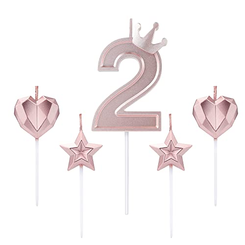 1 Juego 7,6 cm Velas de Cumpleaños, que Incluye 1 Vela de Número Principal de Pastel de Corona, 2 Velas de Estrella y 2 Velas de Corazón para Cumpleaños, Aniversario, Fiestas (Oro Rosa, 2)