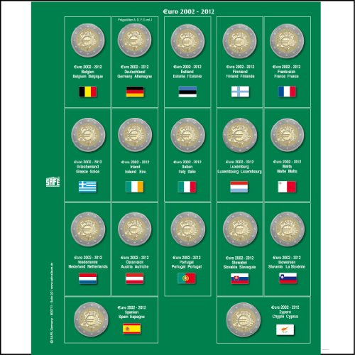 1 x Caja de seguridad 7341-8 / 2 MONEDAS DE EUROS premium Hojas impresas 2012 Hojas Suplemento Especial 10 años Euro 2002-2012 + 1x 7393 Fundas Hojas adicionales monedas de 2 Euros Album de monedas SAFE 7341