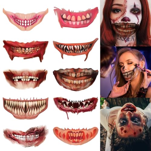 10 Hojas Tatuajes Temporales Boca,Tatuajes De Boca,Halloween Tatuajes Temporales,Halloween Tatuaje En La Boca,Pegatinas Halloween Joker,Para Carnaval Festival Fiesta Grimace Cosplay.