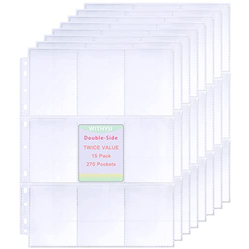 15 Páginas 270 Bolsillos Fundas para Cartas,Fundas Ultra-Transparentes para Cartas A4,9 Bolsillos Protectores de Páginas para Cartas,Tarjetas de Béisbol,Tarjetas Deportivas,Cupones,Tarjetas de Visita