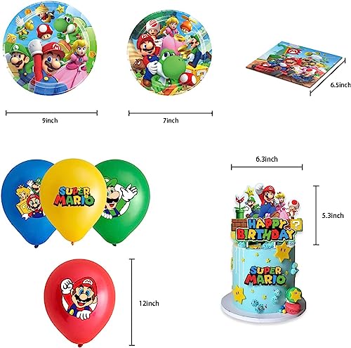 174 Pcs Decoracion Cumpleaños de Super Mario,Juego de Vajilla de Fiesta,Suministros de Fiesta Cumpleaños infantil Incluye Globos de Cumpleaños,Adorno para Tarta,Pegatinas etc