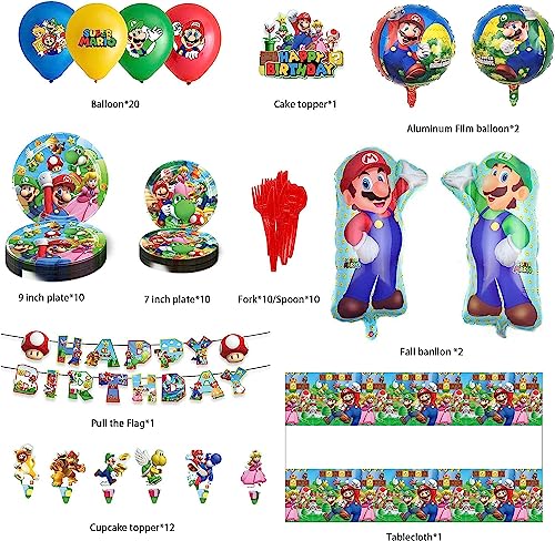 174 Pcs Decoracion Cumpleaños de Super Mario,Juego de Vajilla de Fiesta,Suministros de Fiesta Cumpleaños infantil Incluye Globos de Cumpleaños,Adorno para Tarta,Pegatinas etc