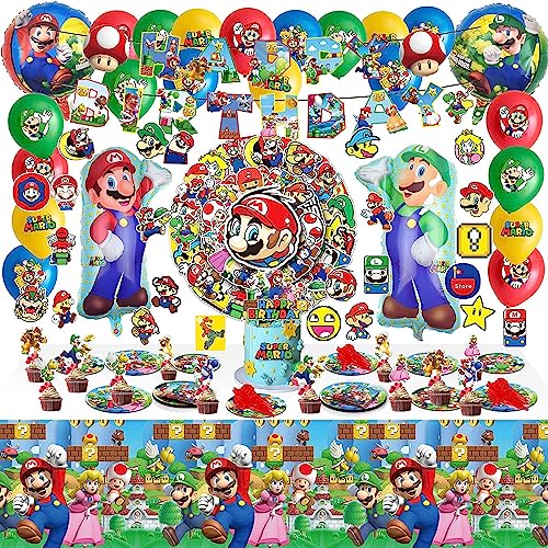 174 Pcs Decoracion Cumpleaños de Super Mario,Juego de Vajilla de Fiesta,Suministros de Fiesta Cumpleaños infantil Incluye Globos de Cumpleaños,Adorno para Tarta,Pegatinas etc