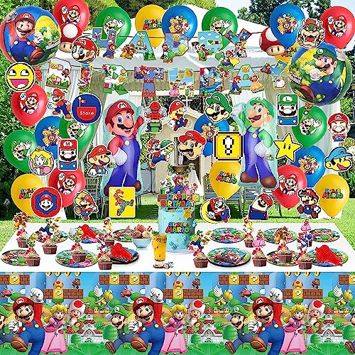 174 Pcs Decoracion Cumpleaños de Super Mario,Juego de Vajilla de Fiesta,Suministros de Fiesta Cumpleaños infantil Incluye Globos de Cumpleaños,Adorno para Tarta,Pegatinas etc