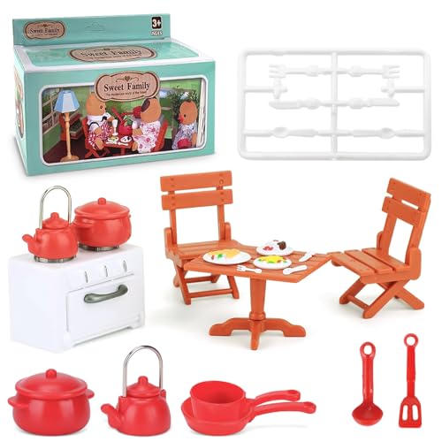 19 Piezas Cocina en Miniatura Set, Mini Accesorios de Cocina, Juguete de Cocina en Miniatura Accesorios para Casa de Muñecas, Miniatura Mesa, Silla, DIY Decoración para Niños