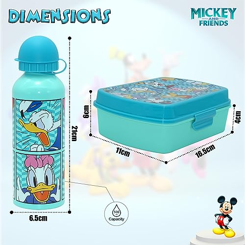 2 cajas de aperitivos de Mickey Mouse con botella de agua de 500 ml, juego de almuerzo duradero con personajes de dibujos animados para niños, botella de agua deportiva aislada