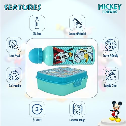 2 cajas de aperitivos de Mickey Mouse con botella de agua de 500 ml, juego de almuerzo duradero con personajes de dibujos animados para niños, botella de agua deportiva aislada