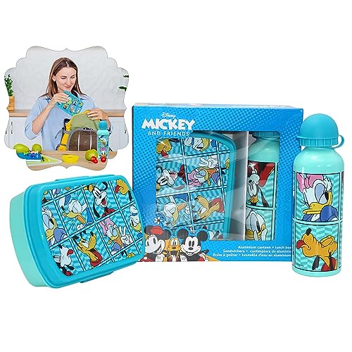 2 cajas de aperitivos de Mickey Mouse con botella de agua de 500 ml, juego de almuerzo duradero con personajes de dibujos animados para niños, botella de agua deportiva aislada